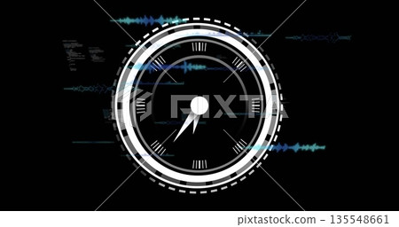 Showing circular digital gauge updating on dark interface, with blue-teal waveform streams 135548661