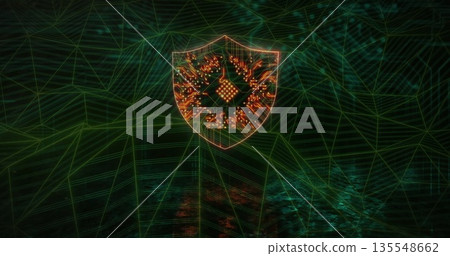 Floating orange shield icon glowing within neon-green wireframe mesh, with microchip circuitry 135548662