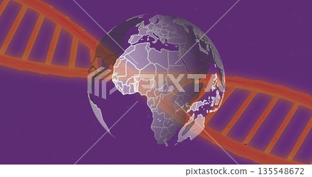 Rotating Earth globe showing white continent outlines in cosmic backdrop with DNA double helix Rotating Earth globe showing white continent outlines in cosmic backdrop with DNA double helix 135548672