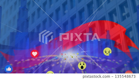 Streaming social media emojis and colored ribbons across urban skyscraper facade, with light trails 135548673