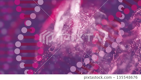 Displaying stylized DNA double helix glowing in digital space, with luminescent particle clouds 135548676