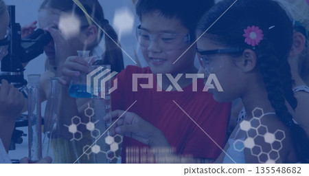 Mixing solution goggle-wearing children conducting experiment in school lab with graduated cylinder 135548682