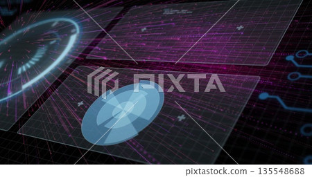 Displaying blue circular hologram floating over grid floor, with magenta streams and circuit icons Displaying blue circular hologram floating over grid floor, with magenta streams and circuit icons 135548688
