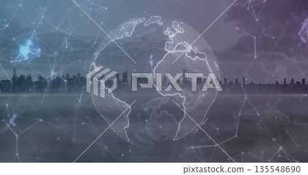 Floating digital globe showing dotted continents at foggy harbor skyline, with network lines nodes Floating digital globe showing dotted continents at foggy harbor skyline, with network lines nodes 135548690