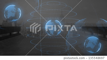 Floating holographic globe with rings on rooftop terrace with metal railings, overlooking skyline Floating holographic globe with rings on rooftop terrace with metal railings, overlooking skyline 135548697