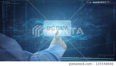 Extending right forearm in light blue shirt at virtual data environment, touching BIG DATA panel 135548698