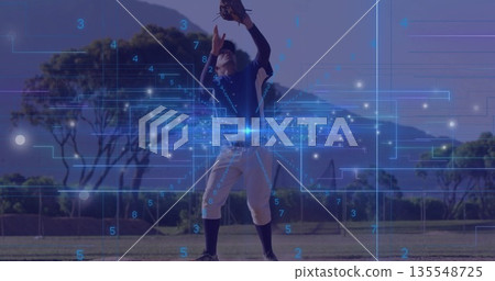 Raising glove, baseball player wearing cap tracking ball in outfield, with data overlay Raising glove, baseball player wearing cap tracking ball in outfield, with data overlay 135548725