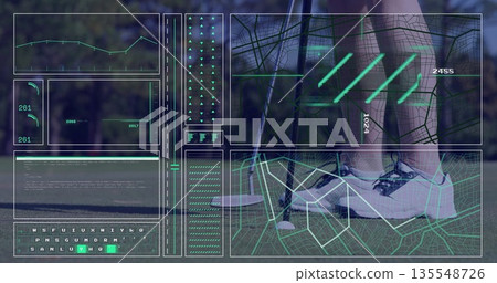 Athlete in sports shorts and sneakers balancing at tee, with HUD, club and ball, copy space Athlete in sports shorts and sneakers balancing at tee, with HUD, club and ball, copy space 135548726