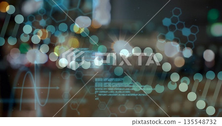 Animating molecular-data overlay on urban street, with DNA helix, hexagon pattern, sine wave code 135548732