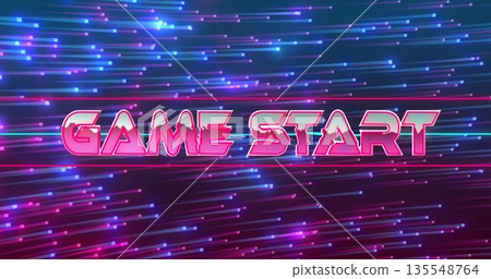 Displaying neon pink GAME START text on retro wave gaming screen, with moving light streaks Displaying neon pink GAME START text on retro wave gaming screen, with moving light streaks 135548764