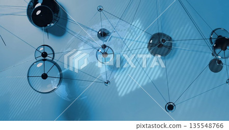 Displaying glass sphere network forming web in blue background, with metallic nodes, rods and wires Displaying glass sphere network forming web in blue background, with metallic nodes, rods and wires 135548766