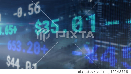 Displaying pixelated numbers on trading screen with LED ticker, dollar sign, plus-minus symbols Displaying pixelated numbers on trading screen with LED ticker, dollar sign, plus-minus symbols 135548768