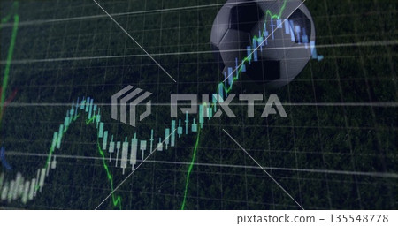 Blending black-and-white soccer ball onto pitch under chart gridlines green trendline, copy space 135548778
