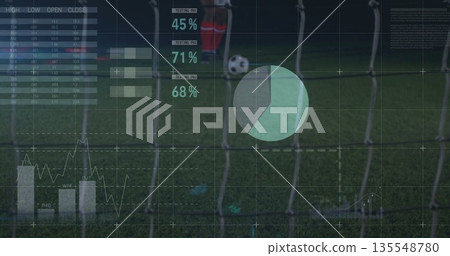Displaying data over goal net at stadium pitch with soccer ball and athlete in red uniform Displaying data over goal net at stadium pitch with soccer ball and athlete in red uniform 135548780