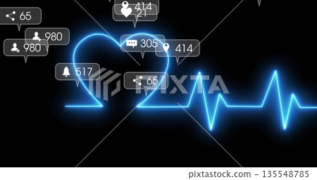 Displaying neon-blue ECG waveform tracing heart shape on black interface, showing notifications 135548785
