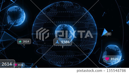 Central blue globe linking smaller spheres in digital network, showing icon callouts and counters 135548786