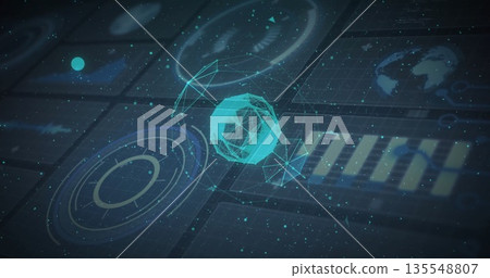 Floating central glowing 3D wireframe sphere in digital interface, with radar graph and bar chart 135548807