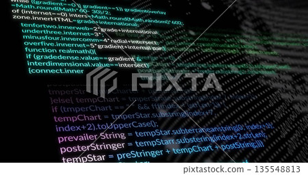 Rendering glowing code layers green and blue receding into dark virtual space, with syntax elements 135548813