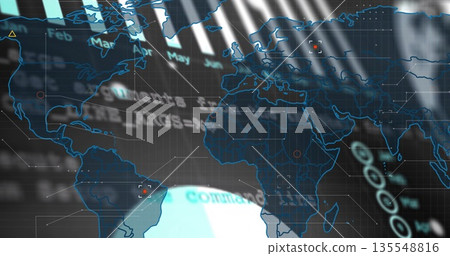 Displaying holographic blue map overlay hovering on dashboard, with red markers and glowing sphere Displaying holographic blue map overlay hovering on dashboard, with red markers and glowing sphere 135548816