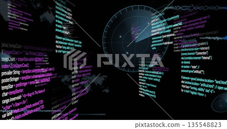 Displaying circular radar overlay scanning digital interface, with code streams and map, copy space 135548823