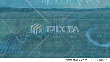 Visualizing plowed land displaying data overlays in farmland, with bar charts graphs and grid lines 135548834