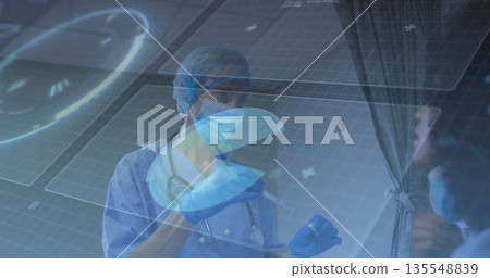 Preparing syringe by clinician in scrubs, gloves, mask and stethoscope in cubicle with curtain Preparing syringe by clinician in scrubs, gloves, mask and stethoscope in cubicle with curtain 135548839
