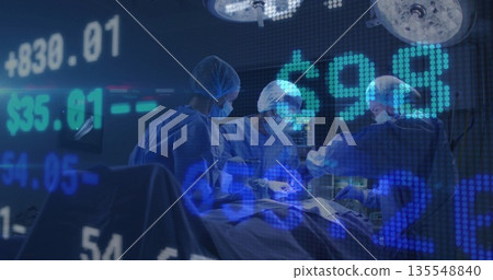Performing surgeons conducting surgery in operating room, with operating table and ticker overlay Performing surgeons conducting surgery in operating room, with operating table and ticker overlay 135548840