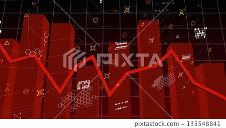 Displaying red line graph tracing peaks and troughs on dark grid, with bar chart, geometric nodes Displaying red line graph tracing peaks and troughs on dark grid, with bar chart, geometric nodes 135548841