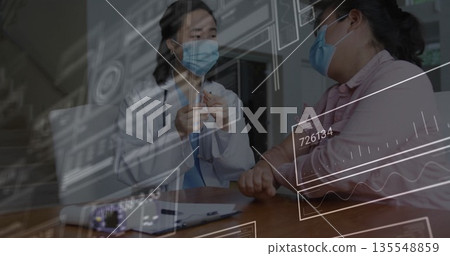 Doctor in scrubs consulting male patient, preparing syringe in clinic under digital overlays Doctor in scrubs consulting male patient, preparing syringe in clinic under digital overlays 135548859