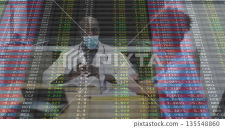 Sitting physician wearing lab coat and stethoscope holding file folder in clinic, with data overlay Sitting physician wearing lab coat and stethoscope holding file folder in clinic, with data overlay 135548860
