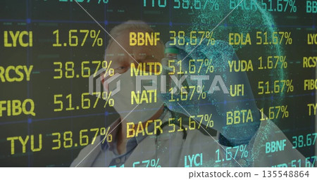 Examining senior doctor holding sample vial behind holographic interface at lab with virus model 135548864