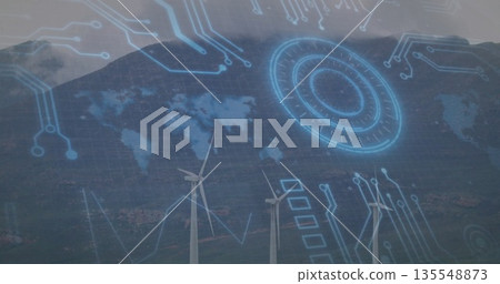 Showing turbines spinning in valley with overlay, world map grid and circular interface element 135548873