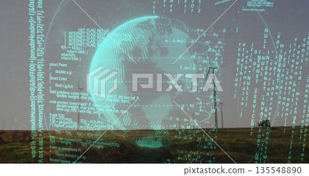 Floating holographic globe projecting grid overlays and code streams over grassy plain and hills 135548890