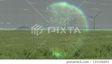 Holographic glitch sphere hovering above grassland plain, with three wind turbines and digital code Holographic glitch sphere hovering above grassland plain, with three wind turbines and digital code 135548891