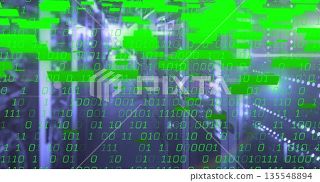 Showing server racks, cables, circuit boards in data center, with blinking LEDs and binary overlay 135548894