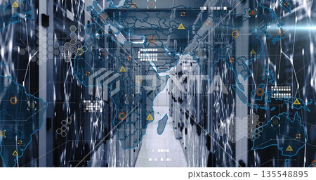 Illuminating server rack aisle in data center, flashing LED lights, network cables, overlay icons Illuminating server rack aisle in data center, flashing LED lights, network cables, overlay icons 135548895