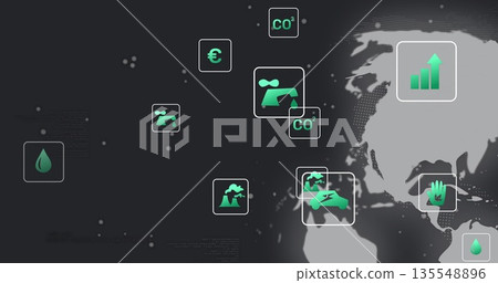 Displaying world map showing eco economy data on dark interface, with metric icons, copy space 135548896