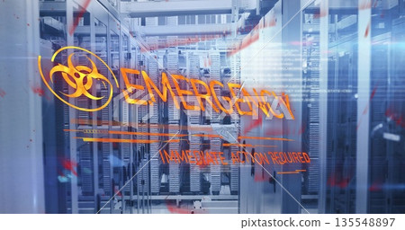 Displaying orange emergency overlay with biohazard symbol across data center with server racks Displaying orange emergency overlay with biohazard symbol across data center with server racks 135548897