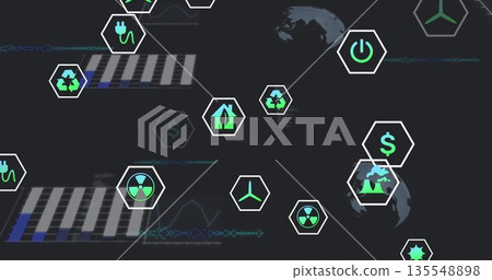 Displaying green hexagonal sustainable energy icons on dashboard, featuring glitch-style charts 135548898