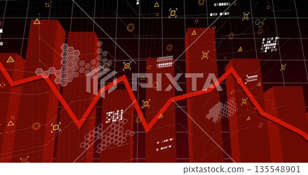 Displaying red 3D bar chart fluctuating in analytics dashboard, with jagged line 135548901