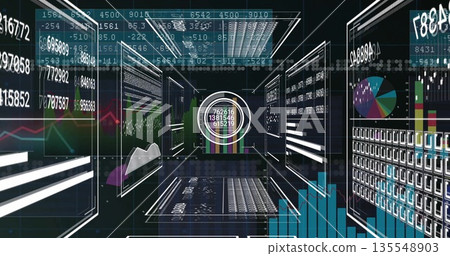 Floating central circular data panel displaying gauges and charts in virtual corridor, with screens Floating central circular data panel displaying gauges and charts in virtual corridor, with screens 135548903