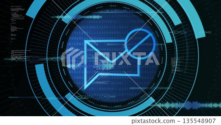 Displaying envelope icon showing prohibition sign in virtual dashboard, with binary code overlay Displaying envelope icon showing prohibition sign in virtual dashboard, with binary code overlay 135548907