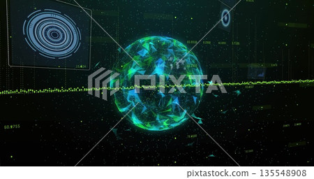 Rotating glowing digital sphere with mesh particles in data interface, numeric labels and waveform Rotating glowing digital sphere with mesh particles in data interface, numeric labels and waveform 135548908