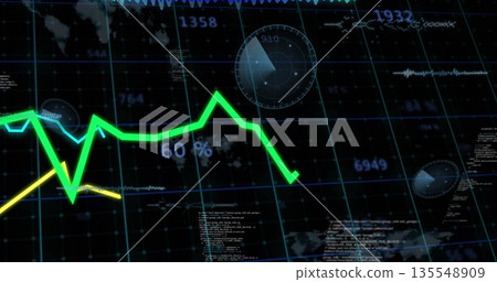 Displaying green zigzag line chart climbing on data dashboard, with radar gauges and numeric labels Displaying green zigzag line chart climbing on data dashboard, with radar gauges and numeric labels 135548909