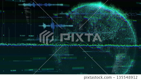 Digital globe rotating in analytics interface with waveform graphs and numeric readouts, copy space 135548912