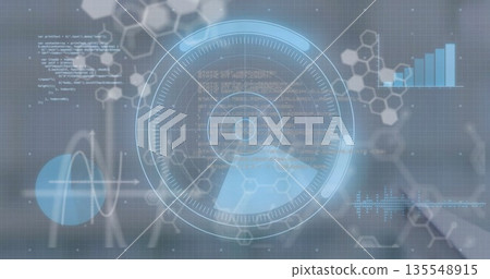 Displaying futuristic holographic interface overlaying graphs at desk, with HUD, molecular hexagons 135548915