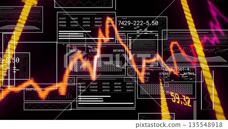 Glowing orange line graph zigzagging in UI with data panels, histograms, purple-yellow streaks 135548918