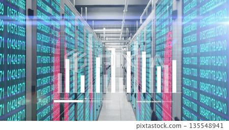 Glowing server racks lining narrow data center aisle, with holographic chart and numeric overlay Glowing server racks lining narrow data center aisle, with holographic chart and numeric overlay 135548941