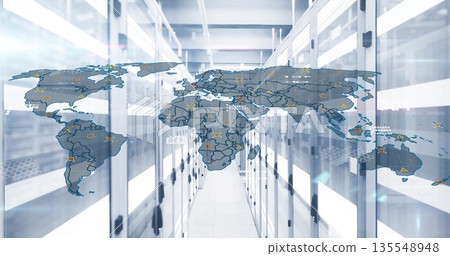 Displaying translucent world map scanning data center aisle, showing warning, data-transfer icons Displaying translucent world map scanning data center aisle, showing warning, data-transfer icons 135548948