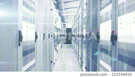 Displaying datacenter corridor hosting server rack cabinets and network switches, binary code flow 135548950